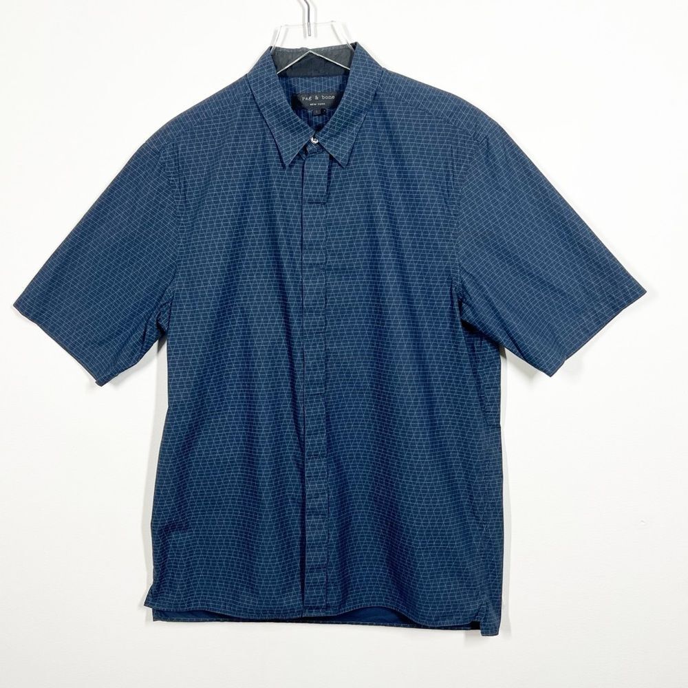 Rag & Bone Men's Size Large Navy Blue Geometric Button Up Short Sleeve Shirt